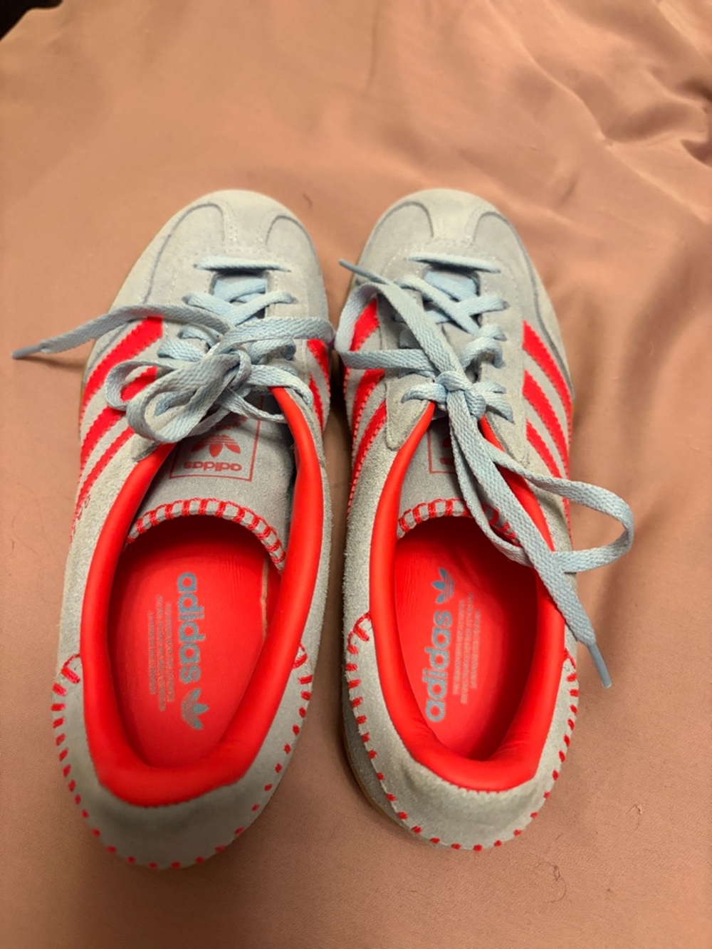 Light Blue Suede Adidas Sneakers with Bright Coral Stripes - Picture 2 of 4